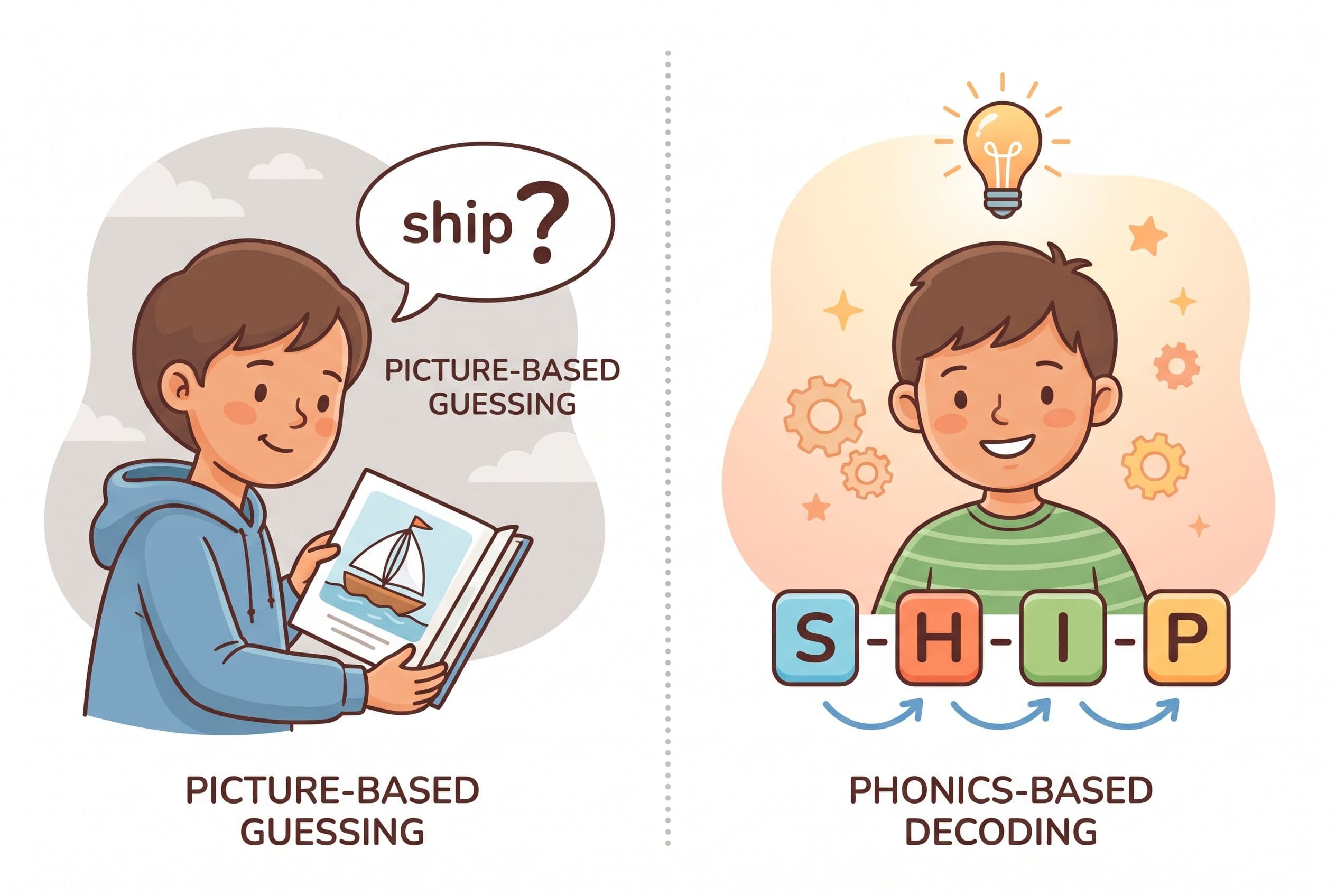 A friendly editorial illustration showing the concept of 'guessing vs decoding.' On the left side, a small illustrated child