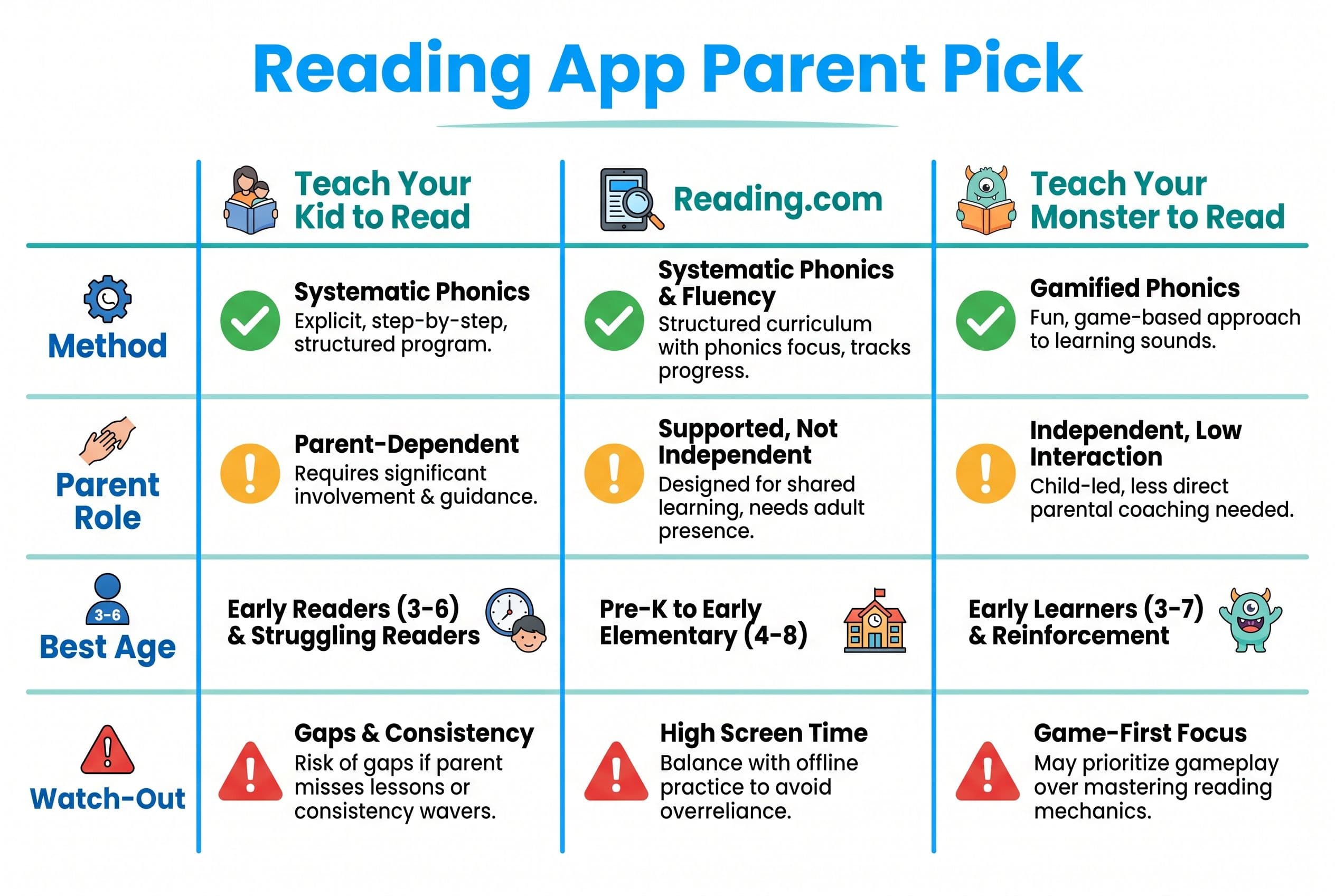 A clean side-by-side comparison chart titled “Reading App Parent Pick” with three columns: Teach Your Kid to Read, Reading.co