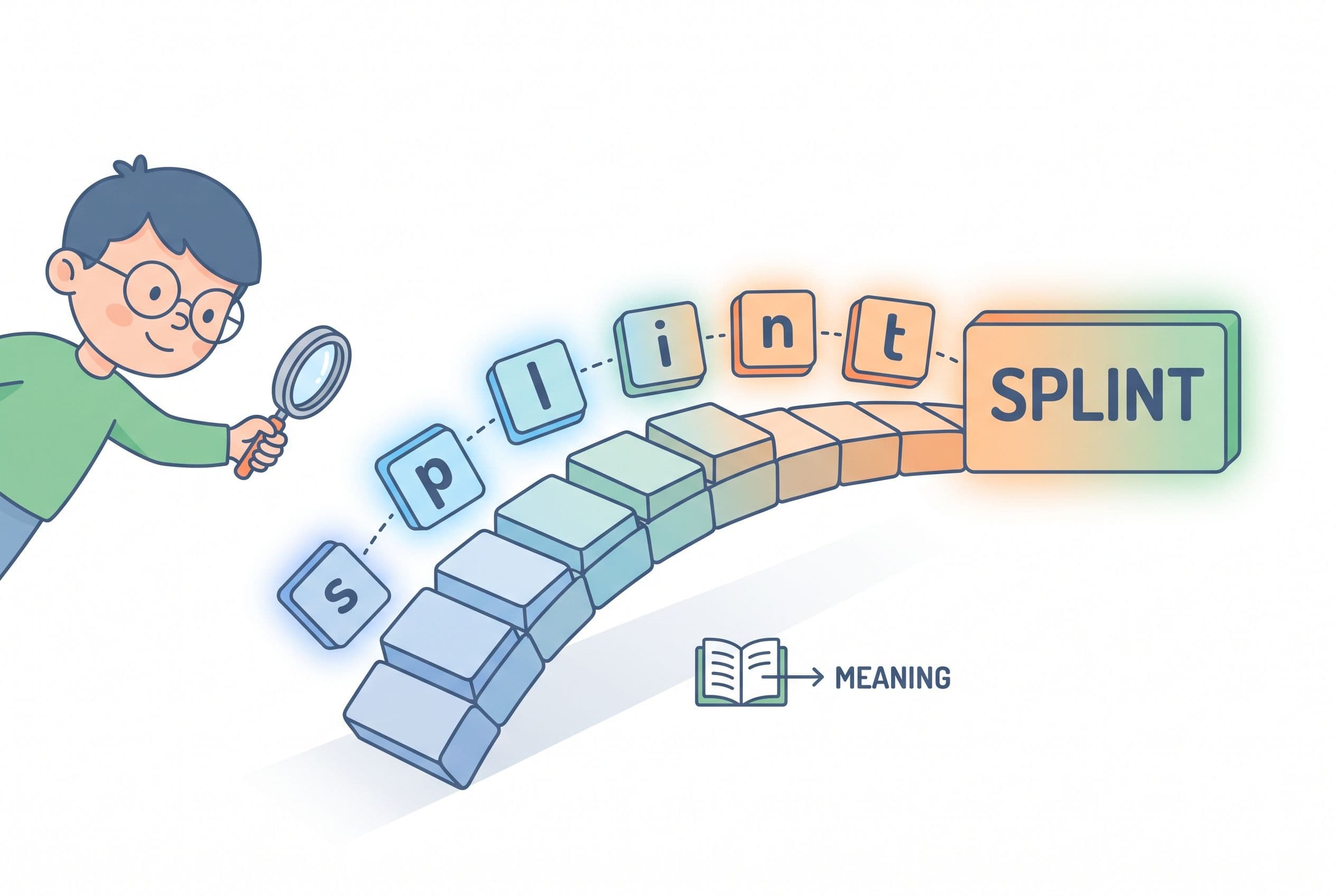 A clean editorial illustration showing a child decoding the word “splint” as individual sound tiles moving left to right and