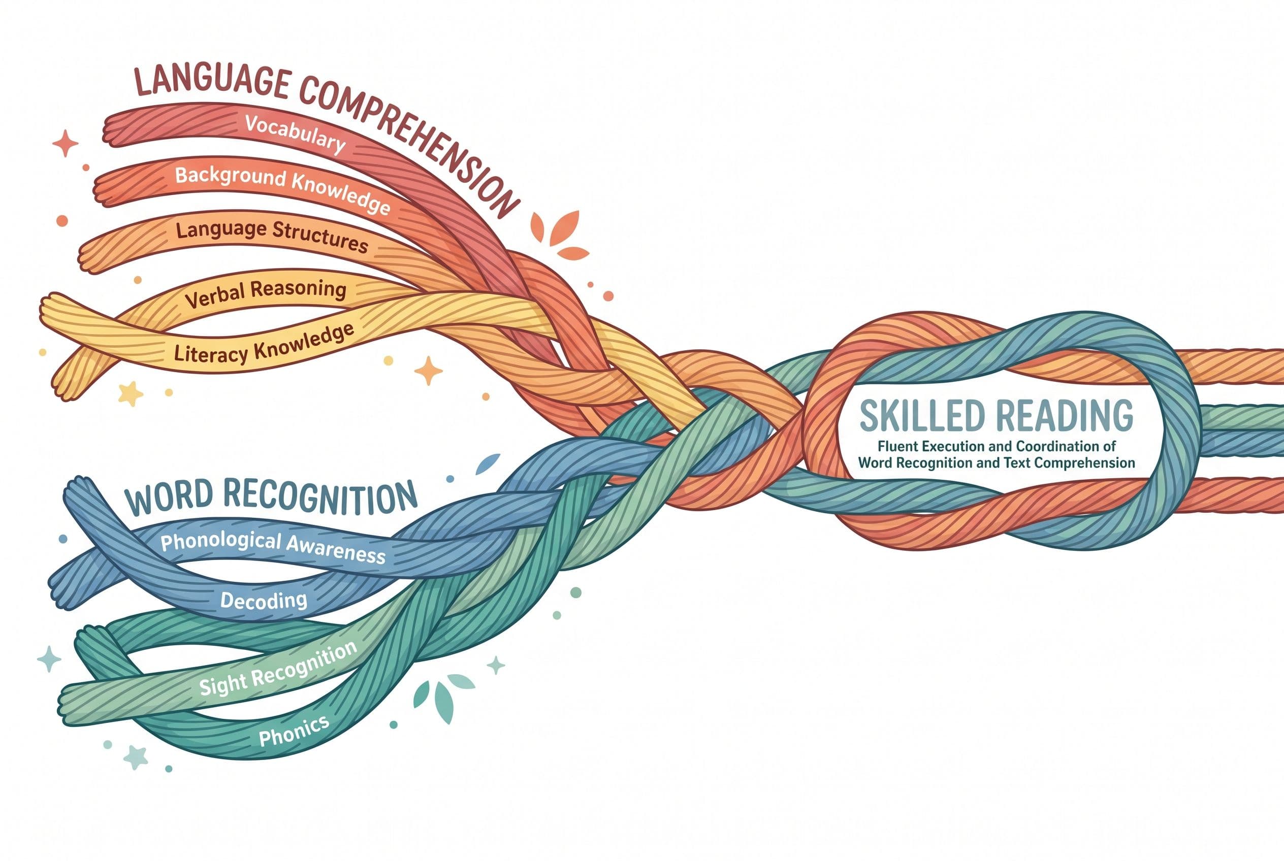 A friendly editorial illustration of Scarborough's Reading Rope concept. Two groups of illustrated yarn strands — one warm-co