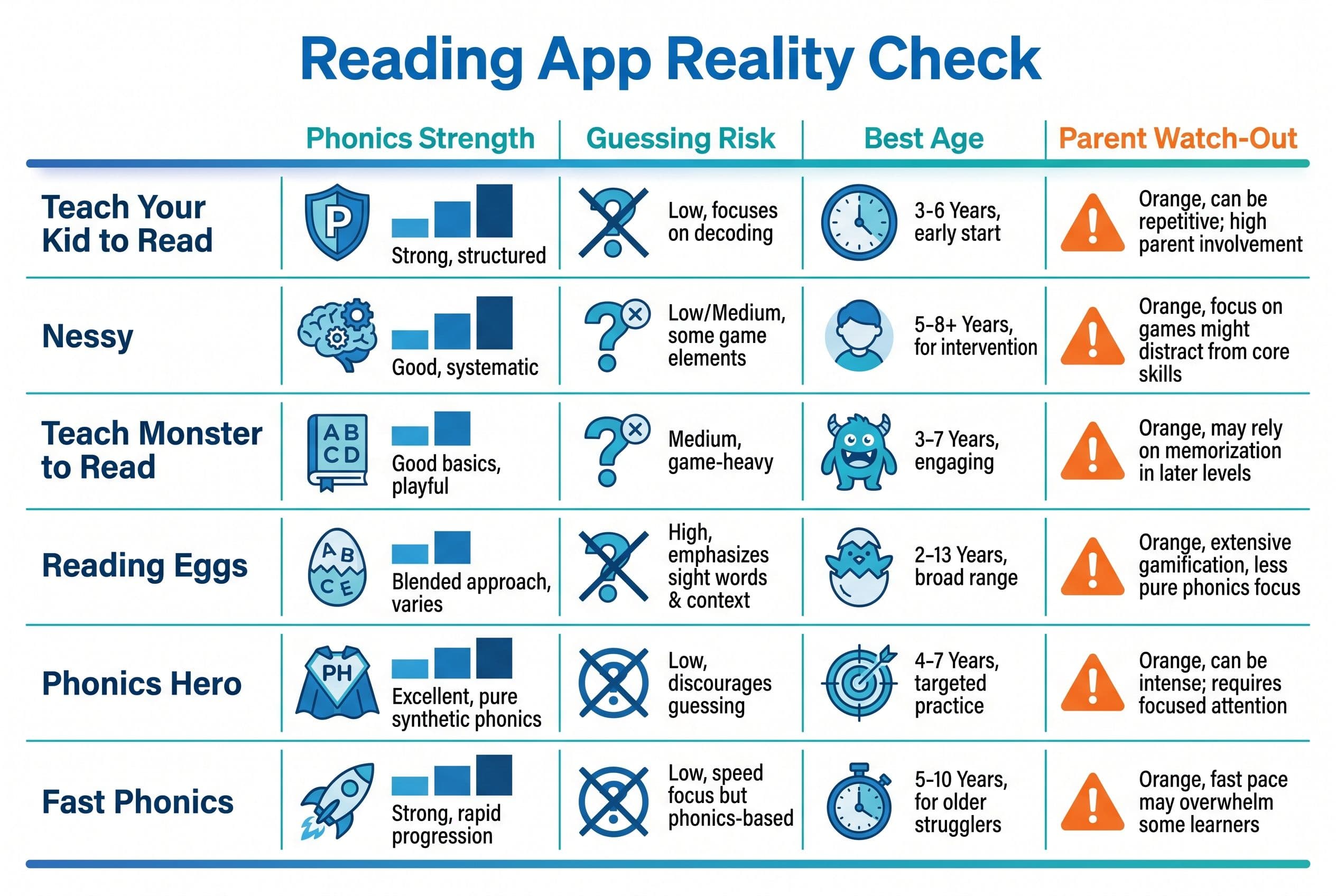 A clean comparison chart titled 'Reading App Reality Check' with six rows: Teach Your Kid to Read, Nessy, Teach Monster to Re