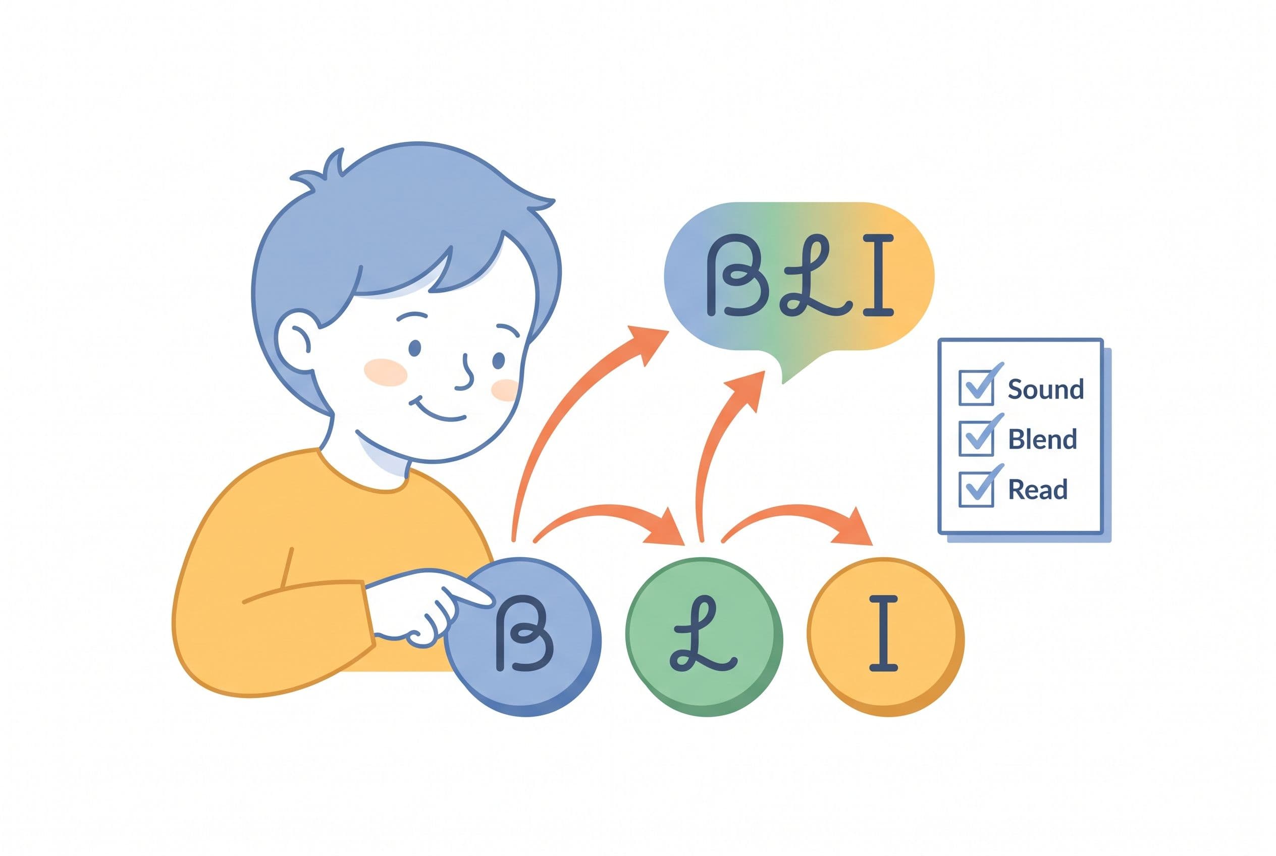 A clean editorial illustration showing a child decoding a pseudo-word by moving left to right across three letter tiles. Curv