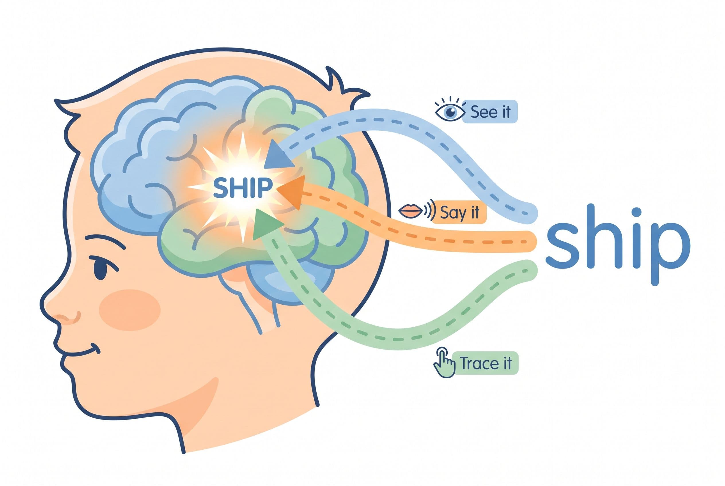 A clean, editorial-style illustration showing the concept of orthographic mapping in the brain. An illustrated child's head i
