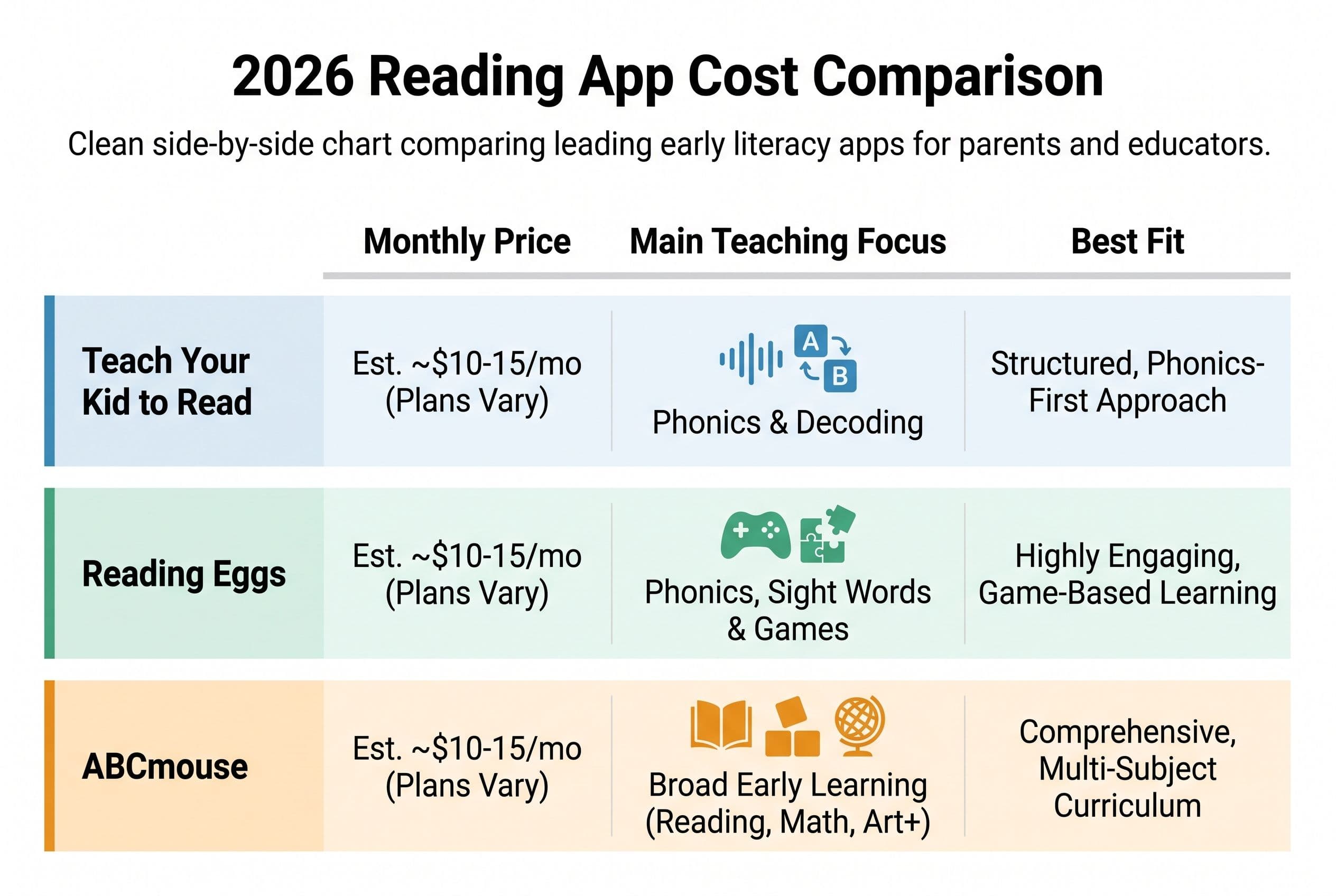 A clean side-by-side comparison chart titled “2026 Reading App Cost Comparison” with three rows: Teach Your Kid to Read, Read