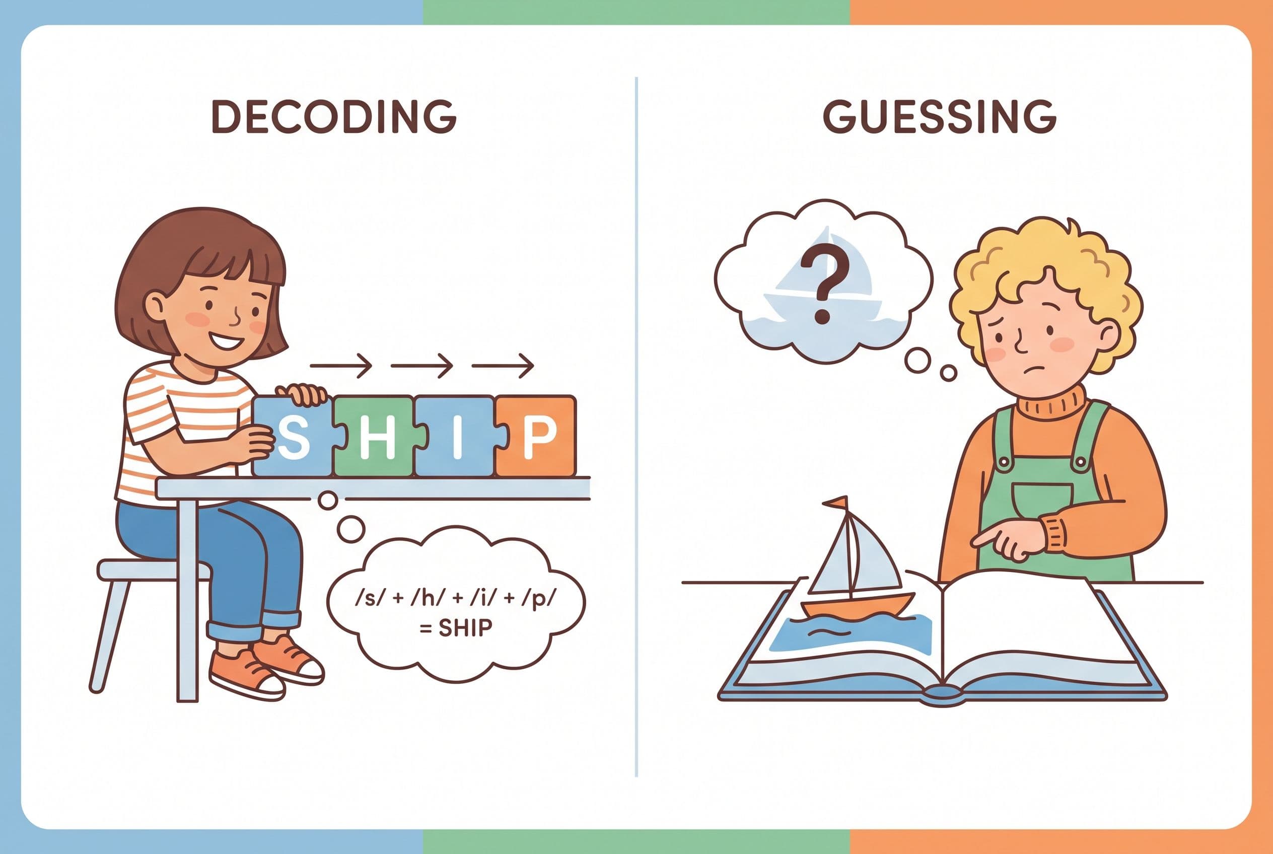 A clean editorial illustration showing the difference between decoding and guessing. On the left, an illustrated child blends