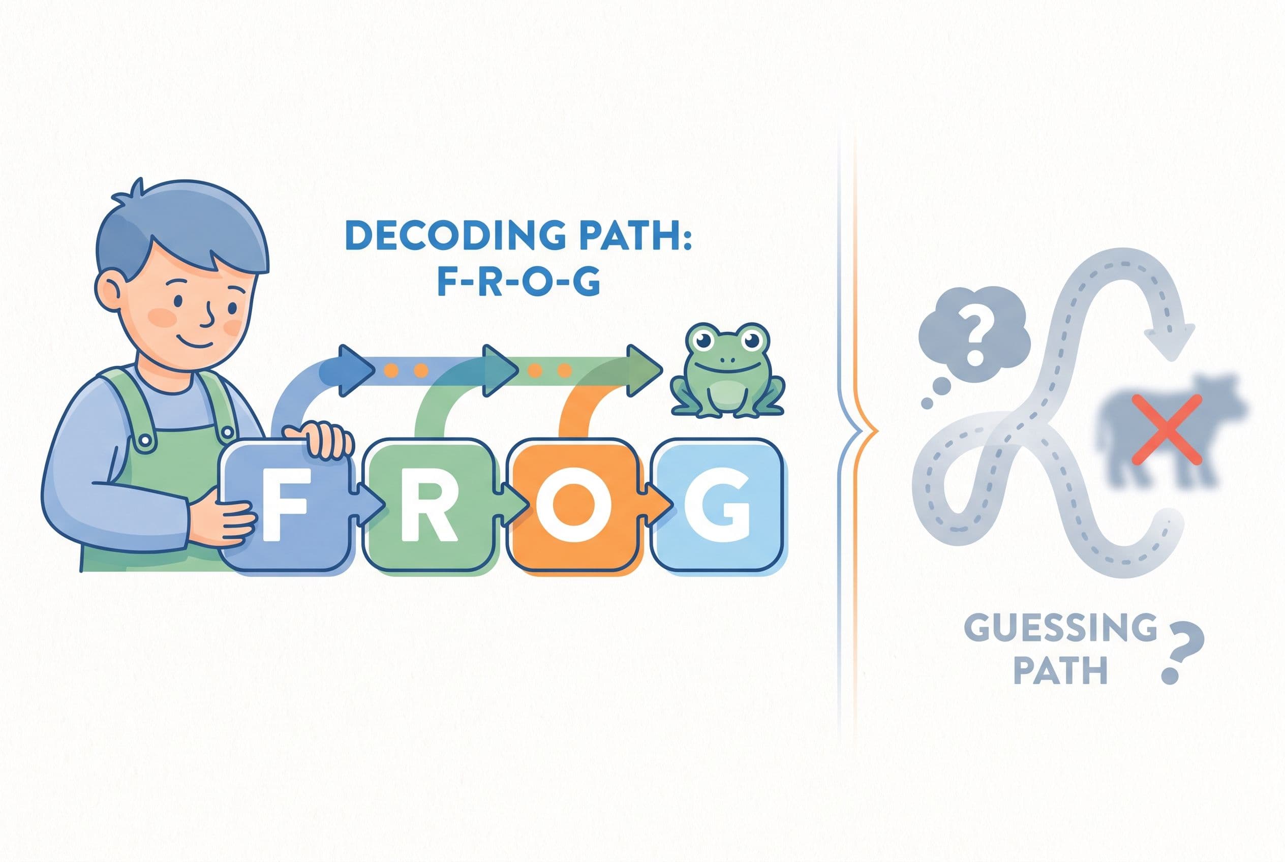 A clean editorial illustration showing a child decoding the word “frog” through four colorful sound blocks: F-R-O-G, with arr