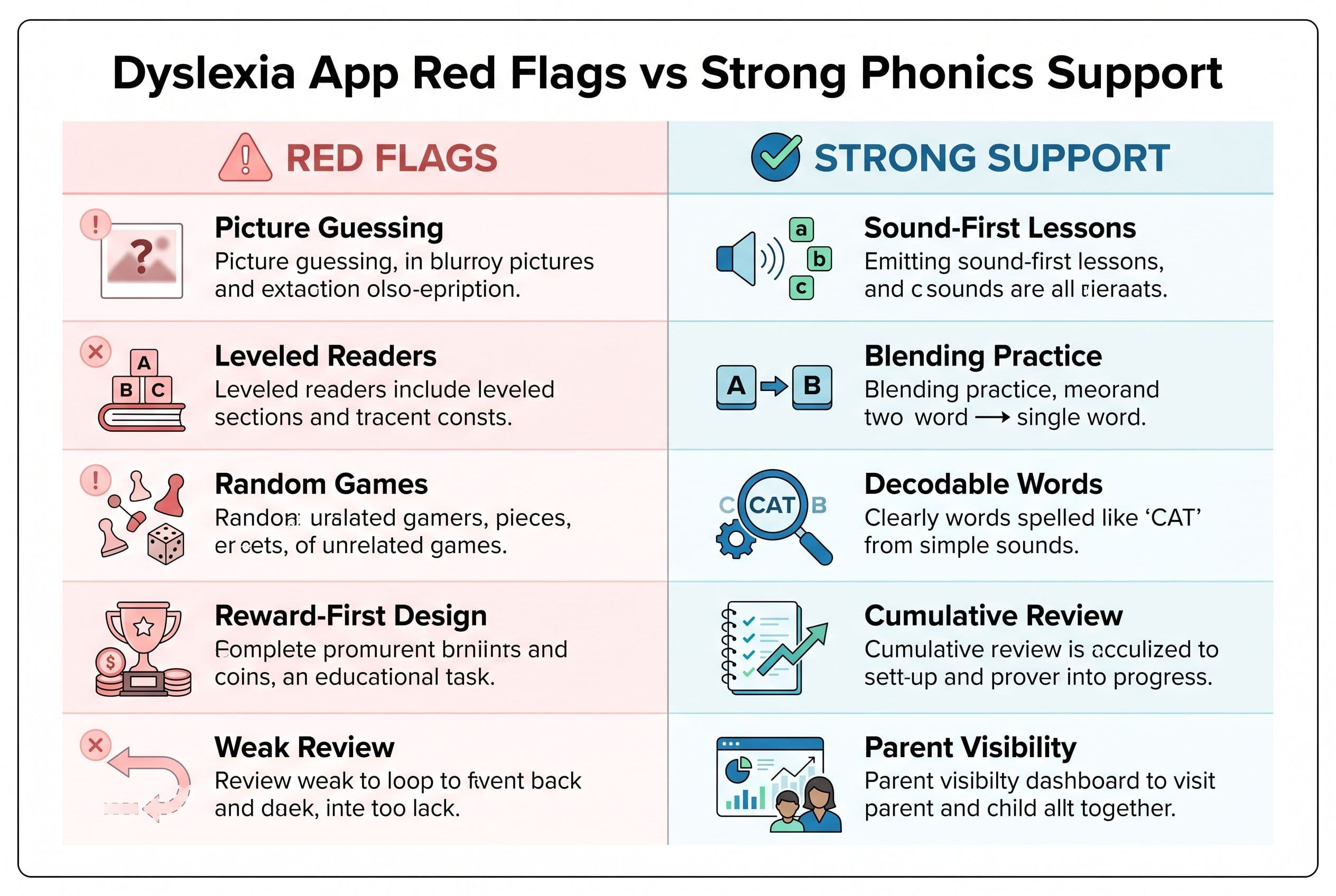 A clean side-by-side comparison chart titled 'Dyslexia App Red Flags vs Strong Phonics Support.' The left column lists red fl