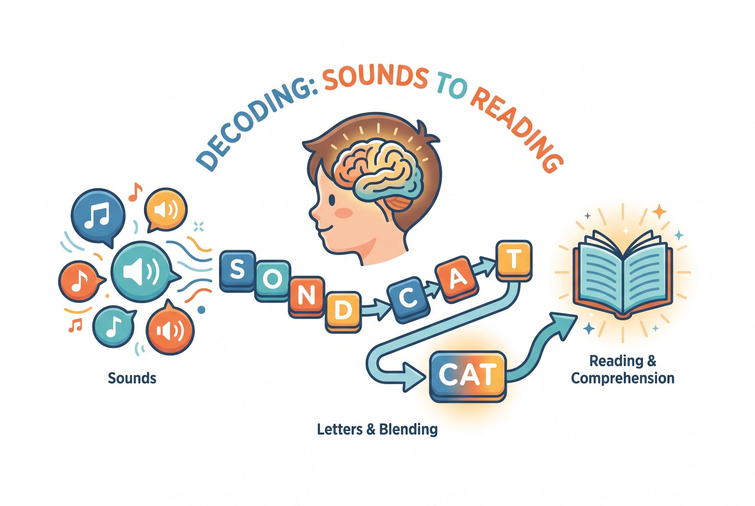 A clean editorial illustration showing a child’s brain connecting sounds to letters through a simple pathway of letter tiles
