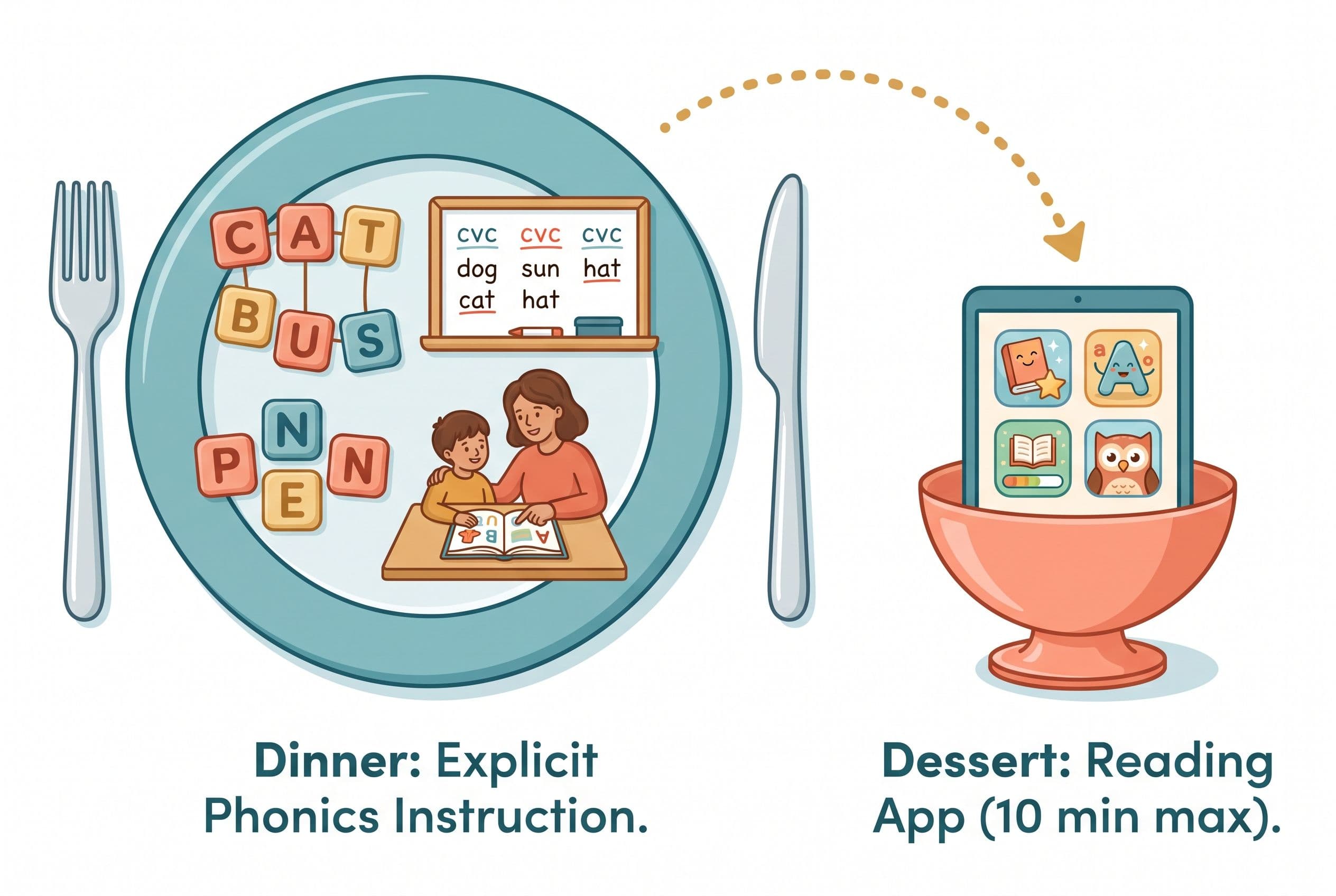 A clean, friendly editorial illustration showing the concept of 'dessert not dinner' for reading apps. On the left side, a la