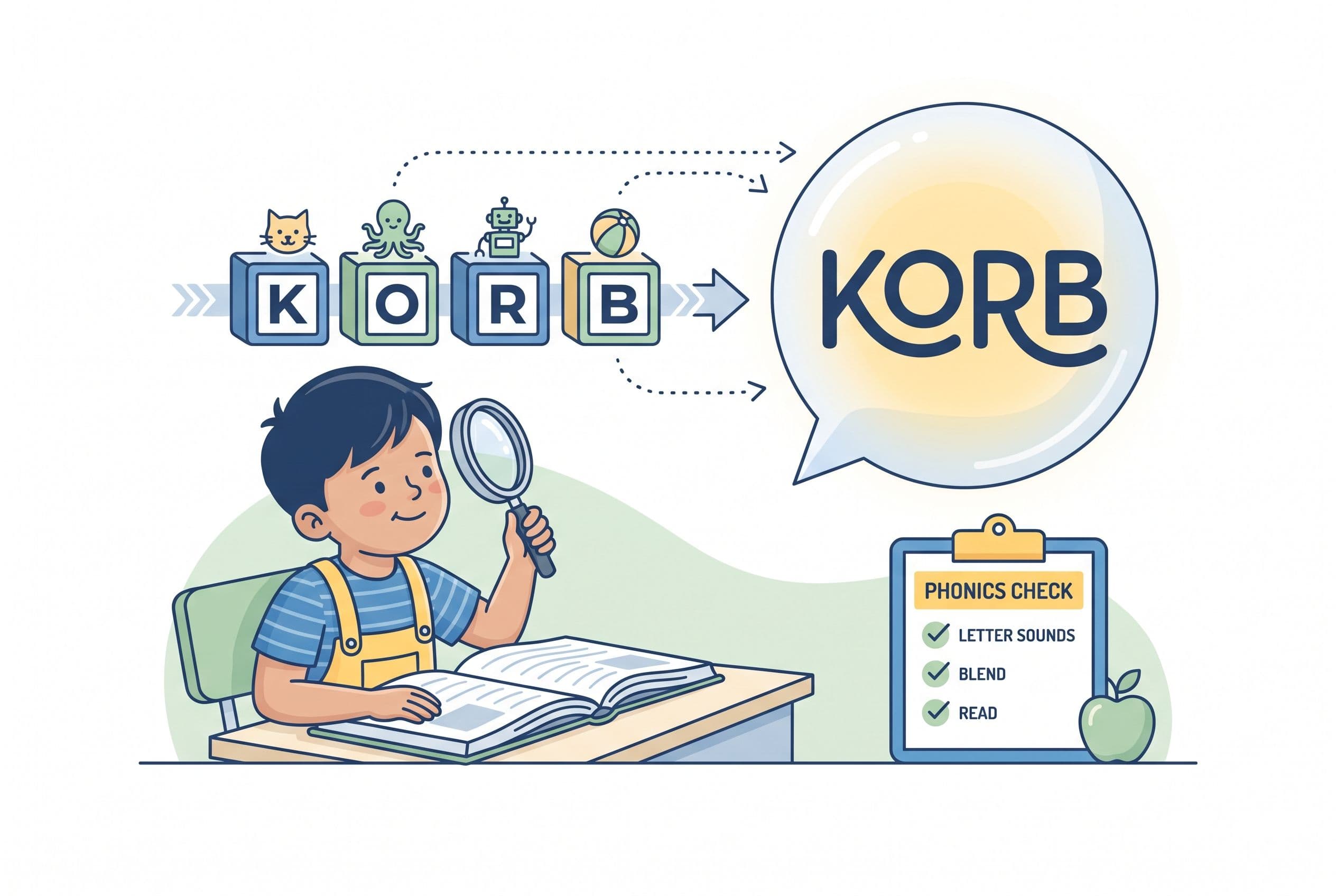 A clean editorial illustration showing a child decoding a made-up word for the Year 1 Phonics Check. The visual shows letter-