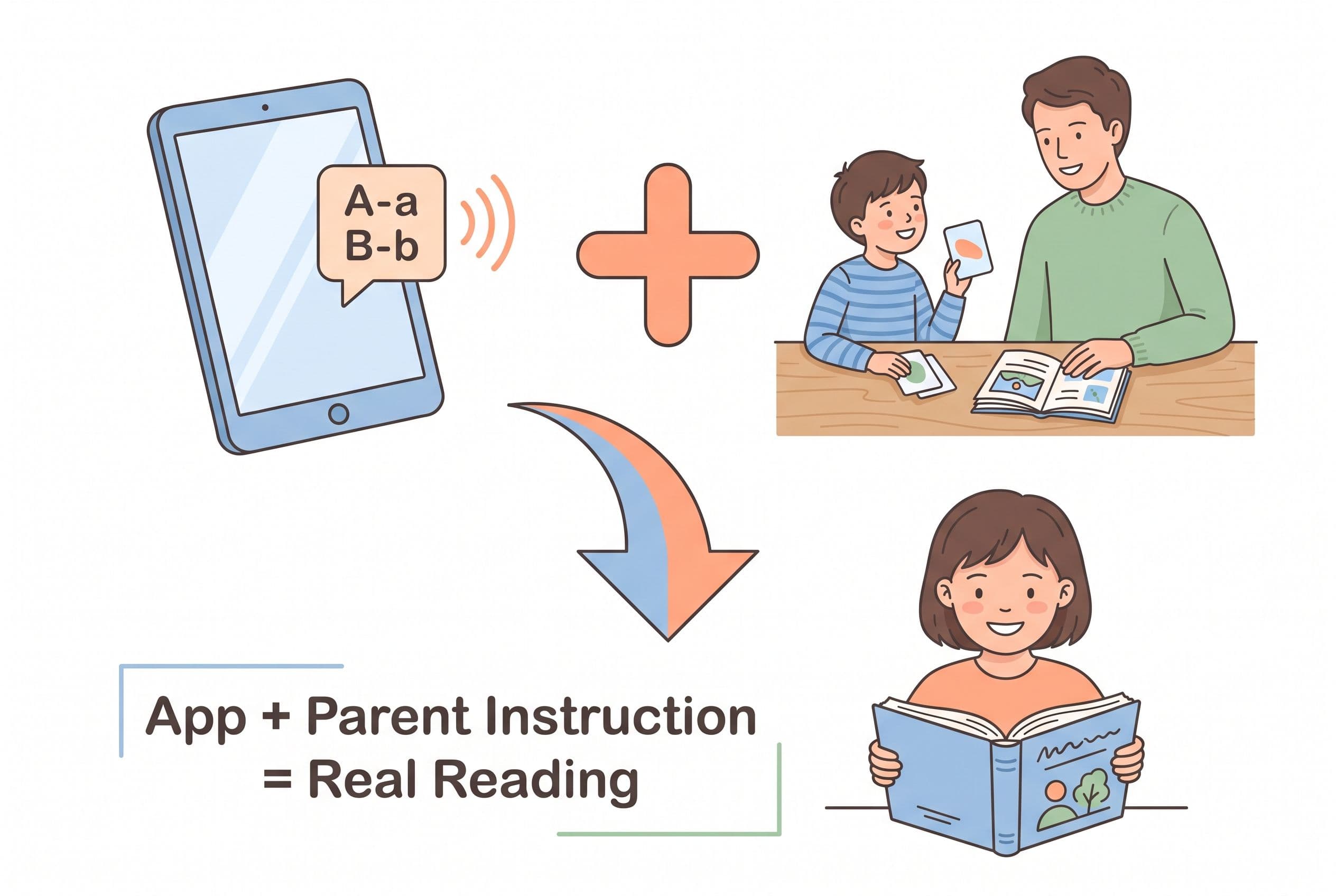 A clean, friendly editorial illustration showing the concept of 'app as supplement, not substitute.' On the left side, a simp