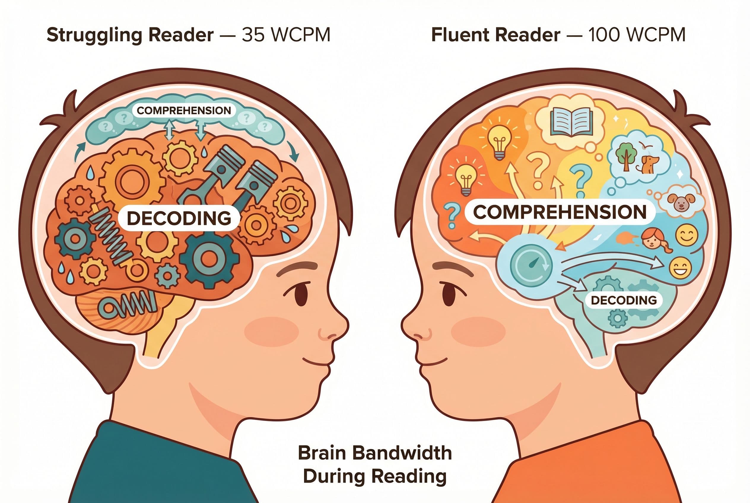 A clean editorial illustration showing the concept of 'brain bandwidth during reading.' Two side-by-side illustrated scenes o