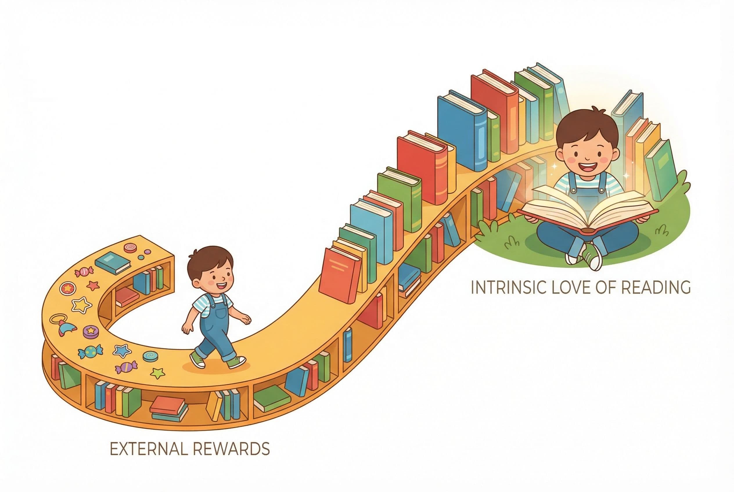 A friendly, warm editorial illustration of a winding bookshelf shaped like a path or road, with a small illustrated child wal