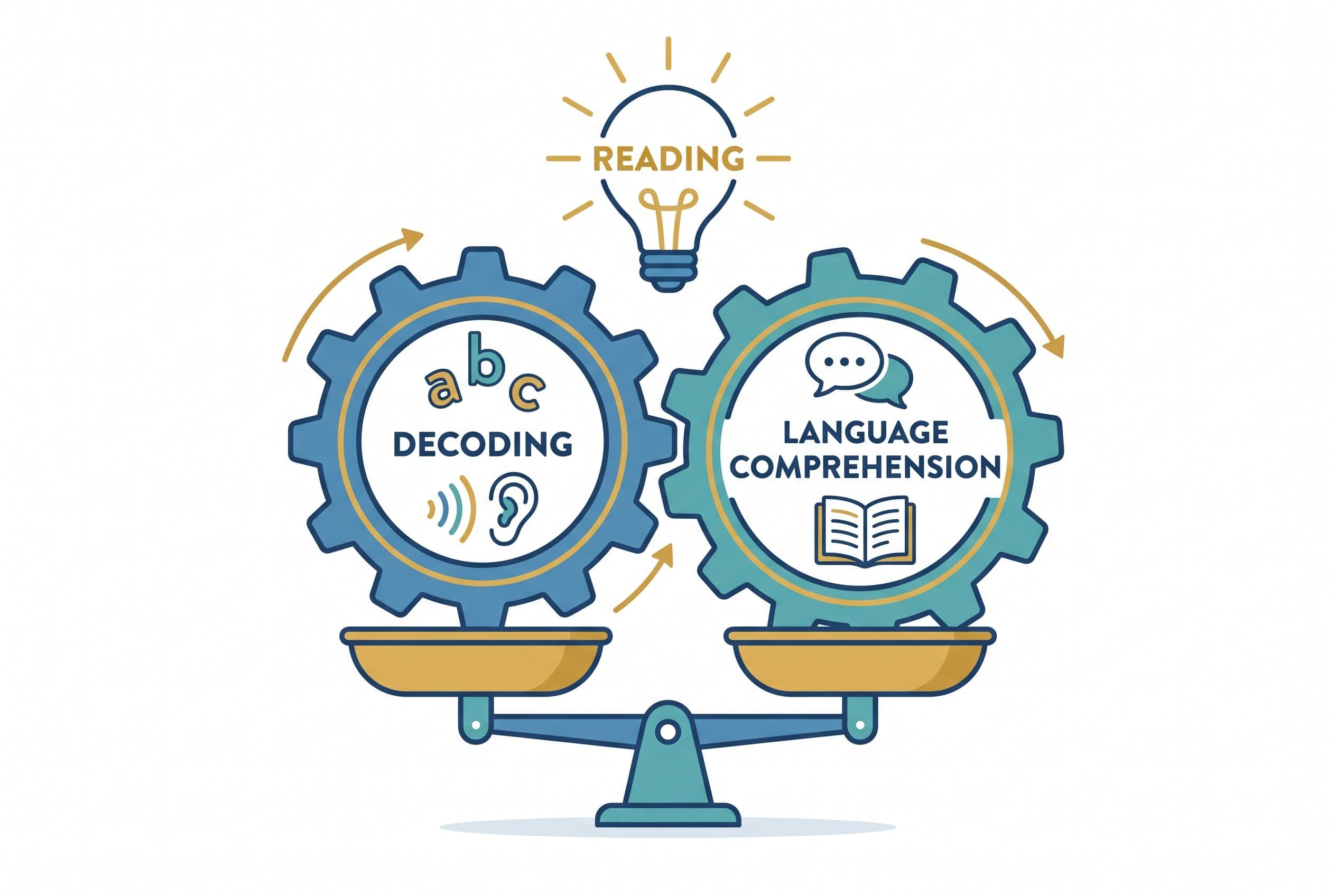 A friendly editorial illustration showing the 'Simple View of Reading' equation visually. Two illustrated gears mesh together