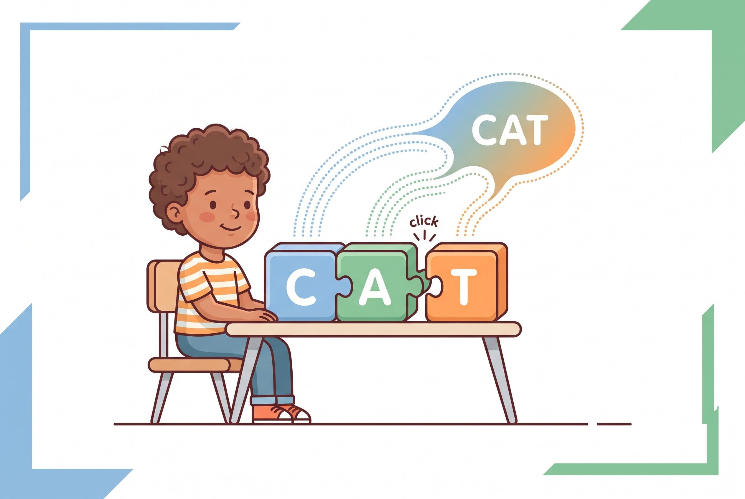 A clean editorial illustration showing a child sounding out a simple CVC word using three blocks labeled with letters, with s