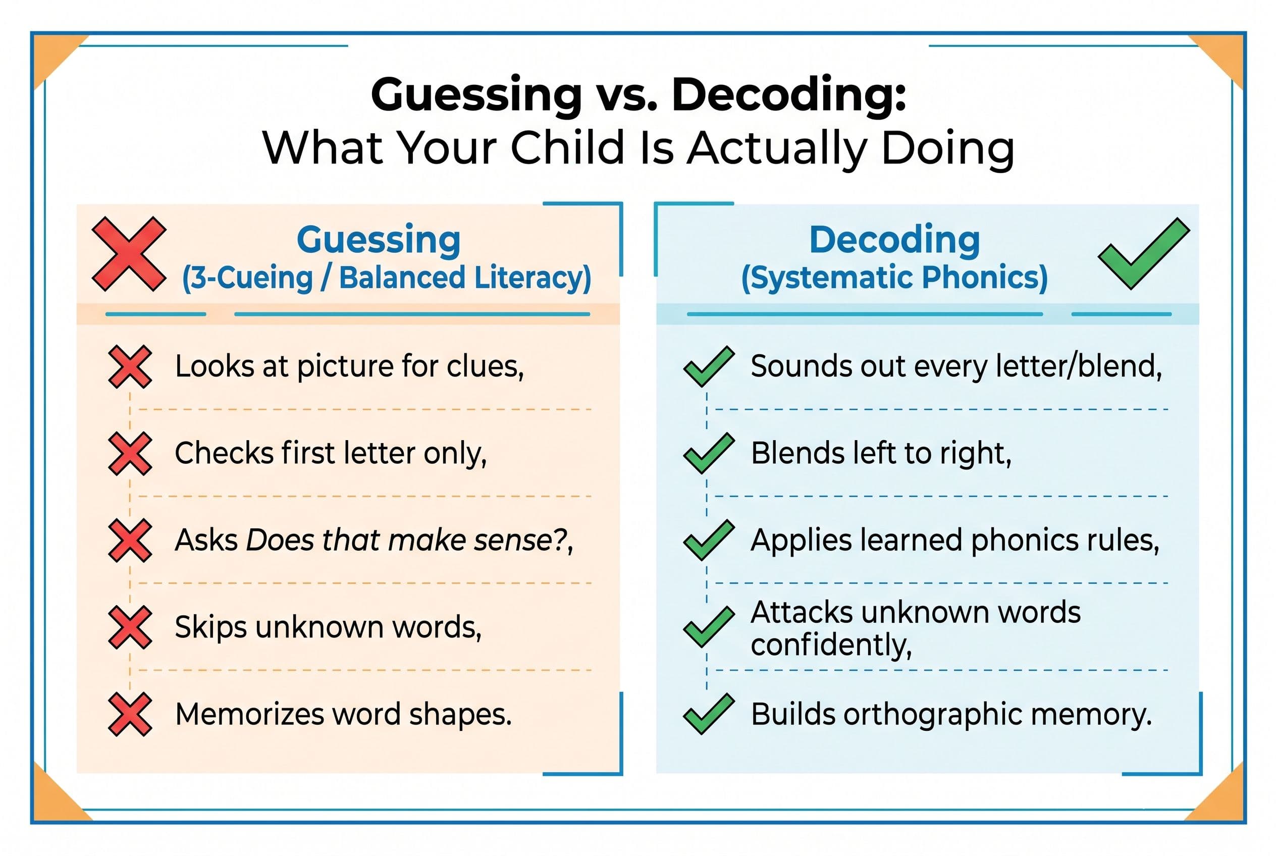 A clean, modern comparison chart titled 'Guessing vs. Decoding: What Your Child Is Actually Doing.' Two columns side by side.