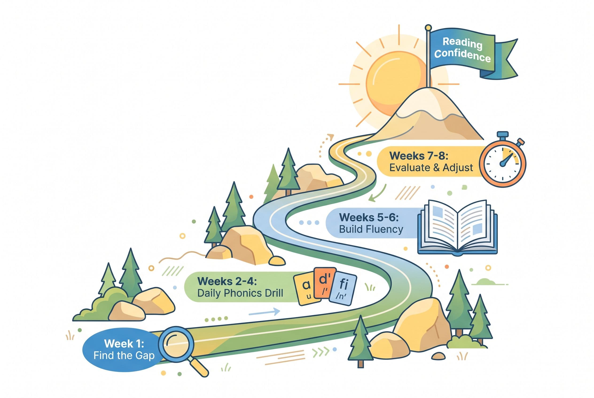 A warm, friendly editorial illustration of a winding mountain path representing an '8-Week Rescue Plan' for struggling reader