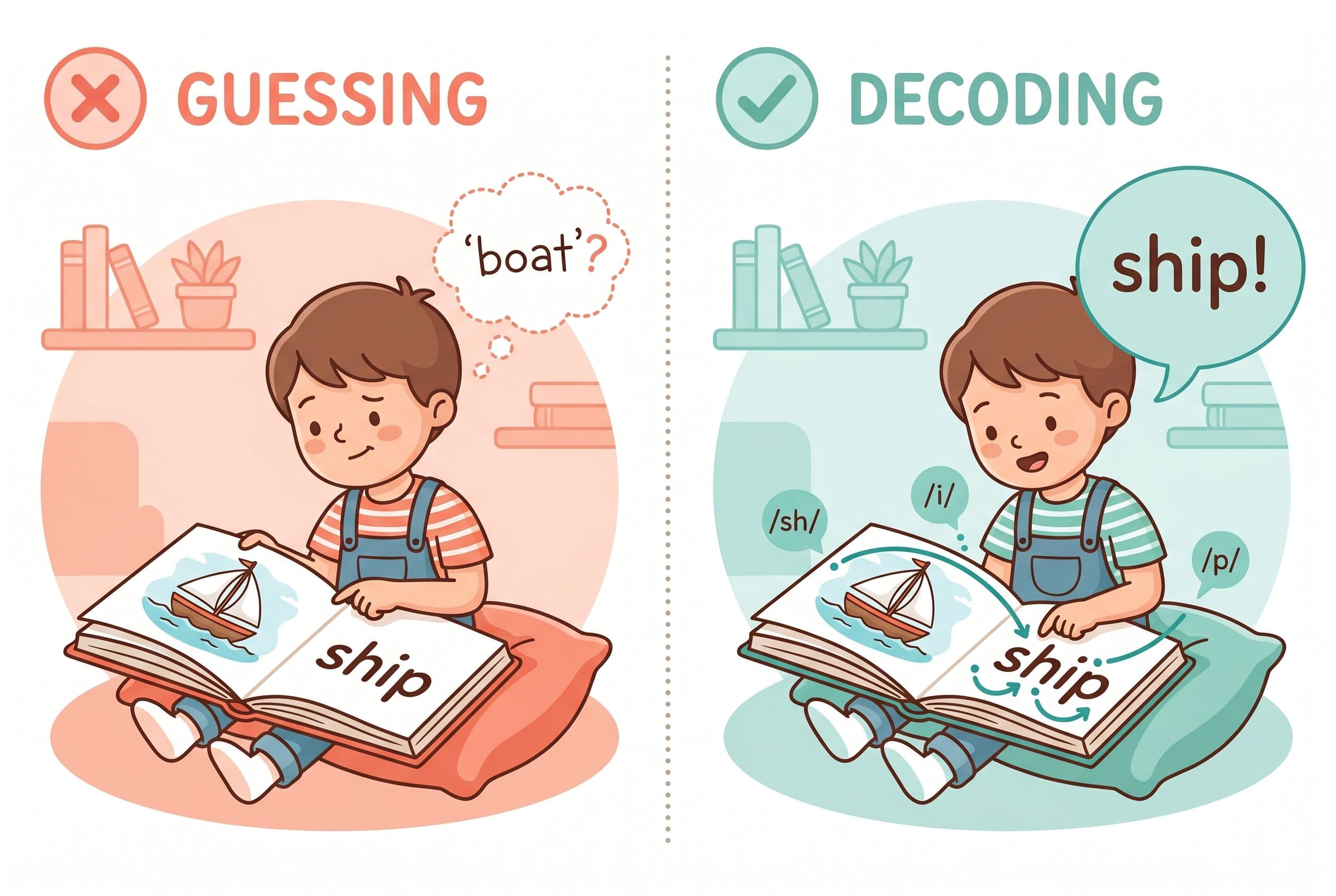 A friendly editorial illustration showing two side-by-side scenes of a child reading. On the left side, labeled with a red X,