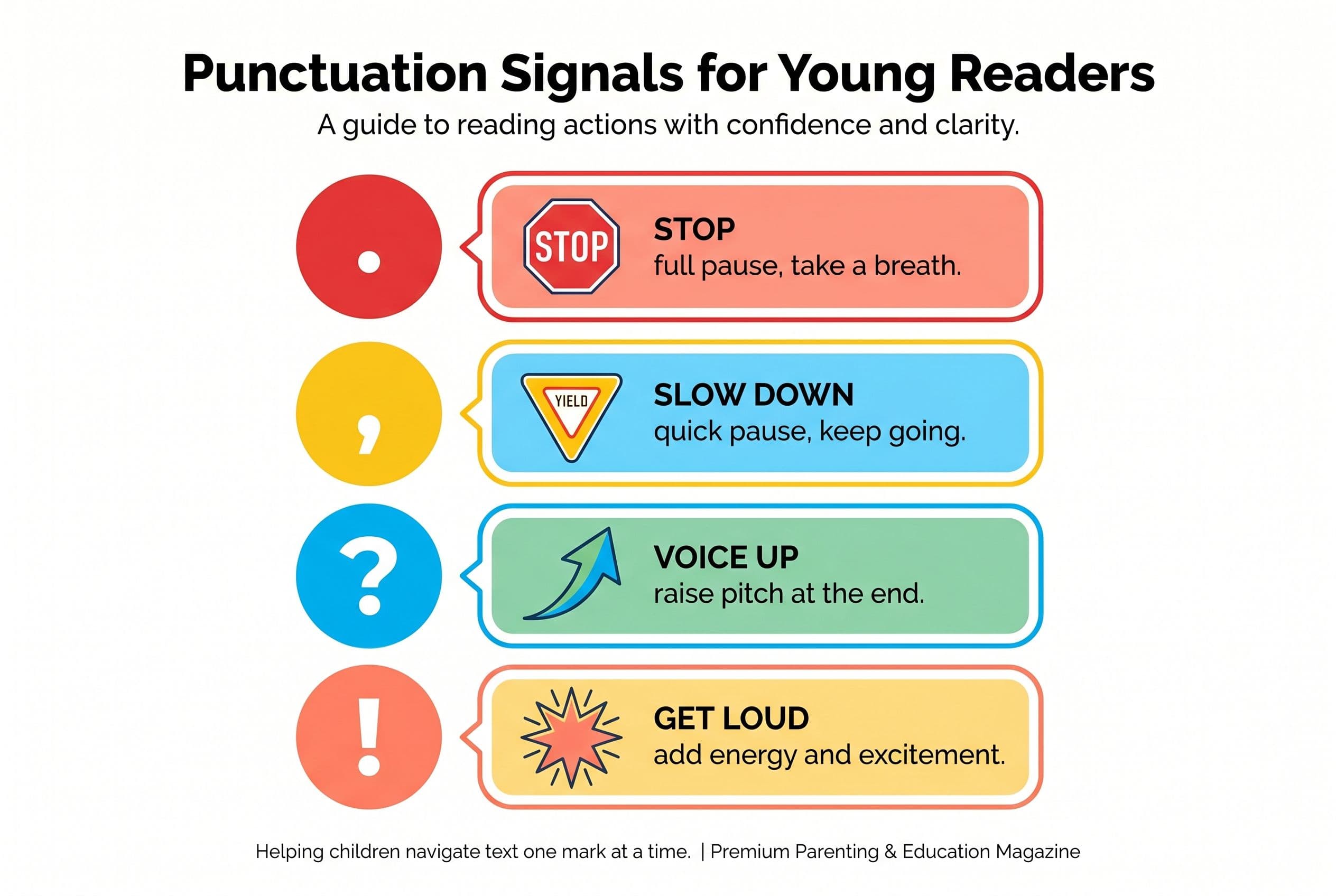 A clean, colorful reference chart titled 'Punctuation Signals for Young Readers' showing four punctuation marks and their rea