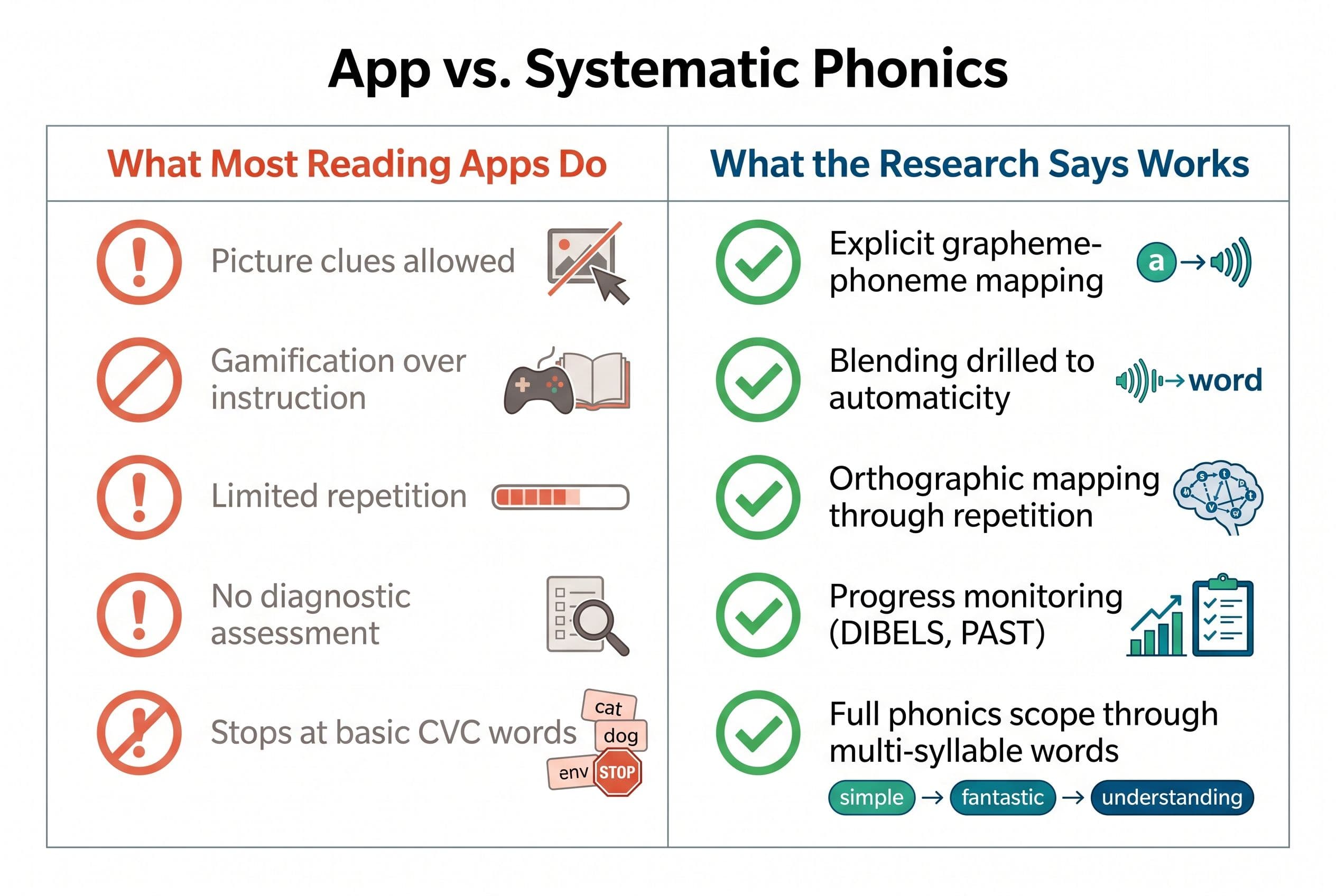 A clean, modern side-by-side comparison chart titled 'App vs. Systematic Phonics' with two columns. The left column is labele