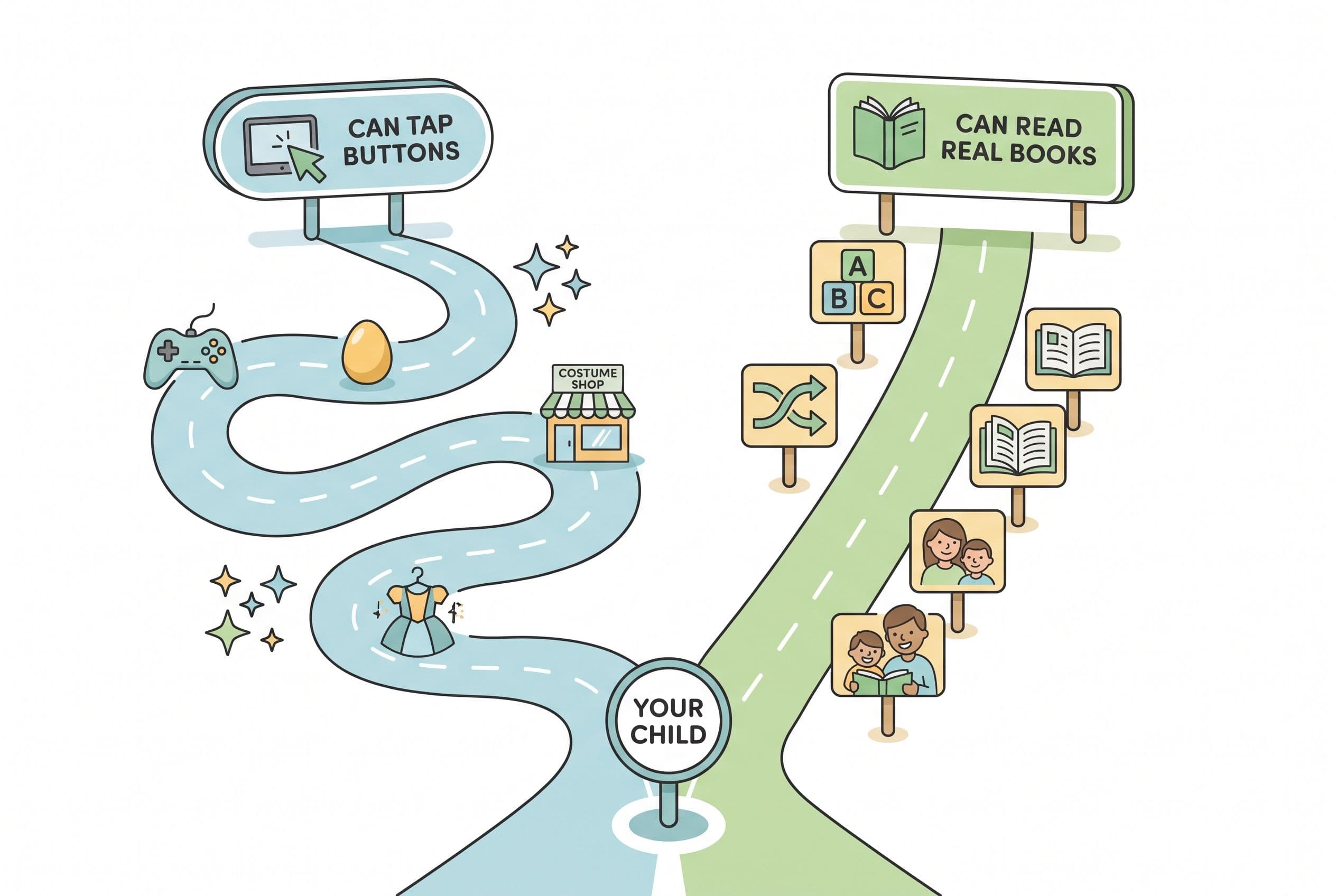 A cheerful, clean editorial illustration showing two paths diverging from a starting point labeled 'Your Child.' The left pat