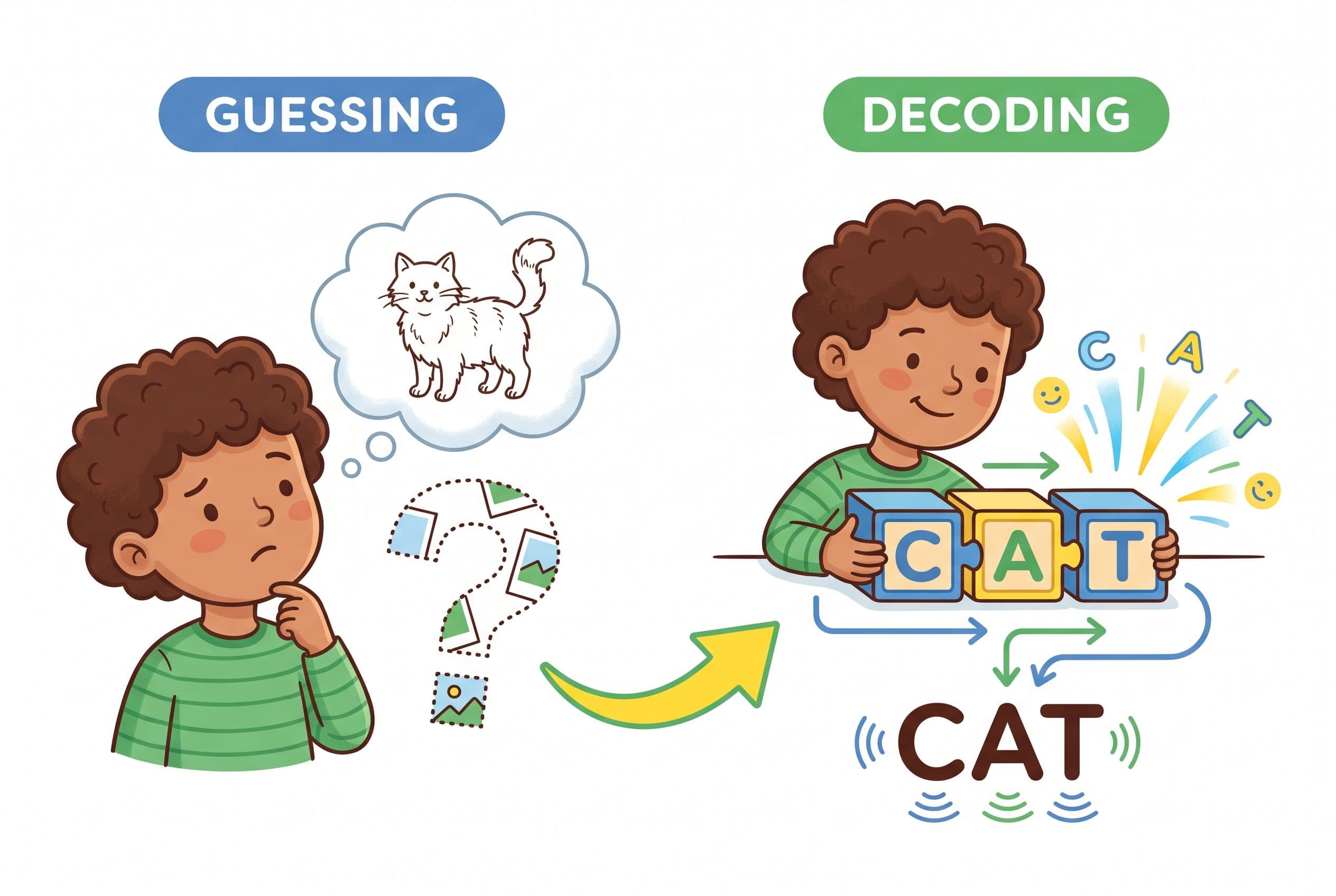 A friendly editorial illustration showing a child moving from picture guessing to real decoding. On the left, an illustrated