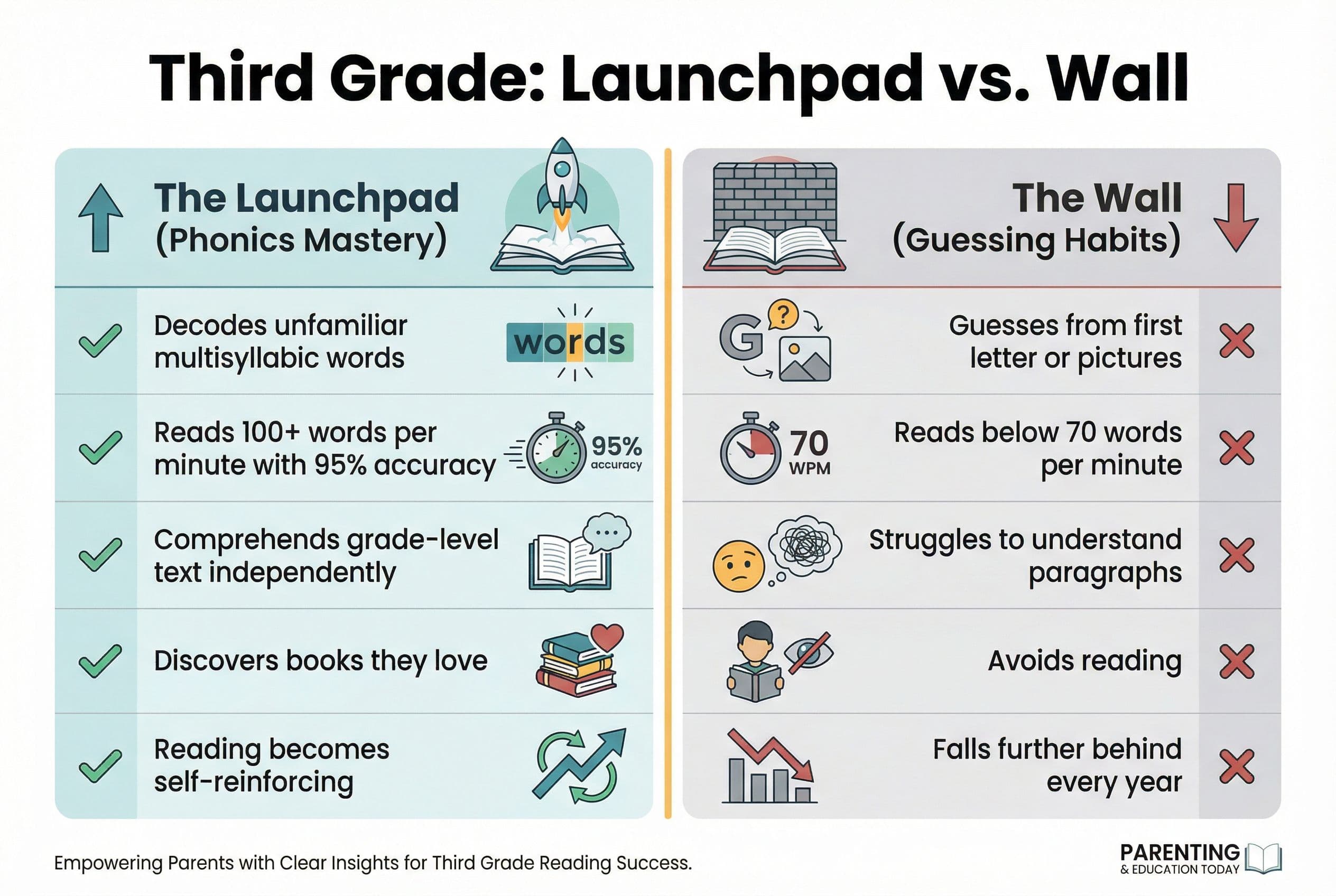A clean, modern side-by-side comparison chart titled 'Third Grade: Launchpad vs. Wall.' Left column labeled 'The Launchpad (P