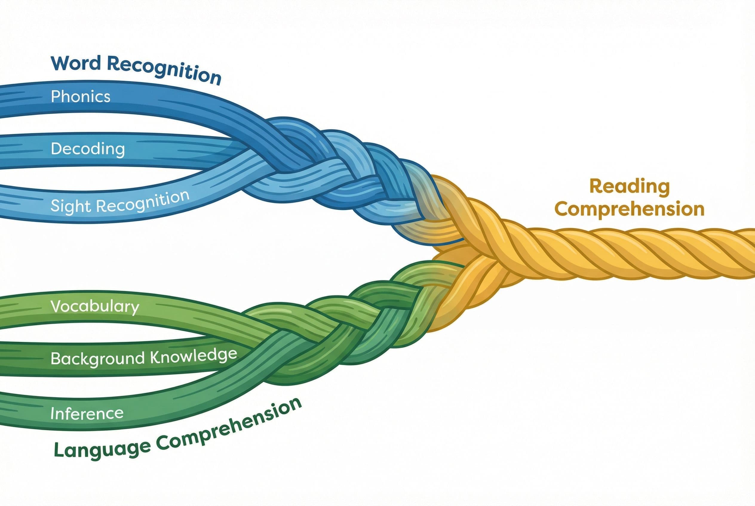 A clean editorial illustration showing Scarborough's Reading Rope concept simplified for parents. Two braided strands weave t