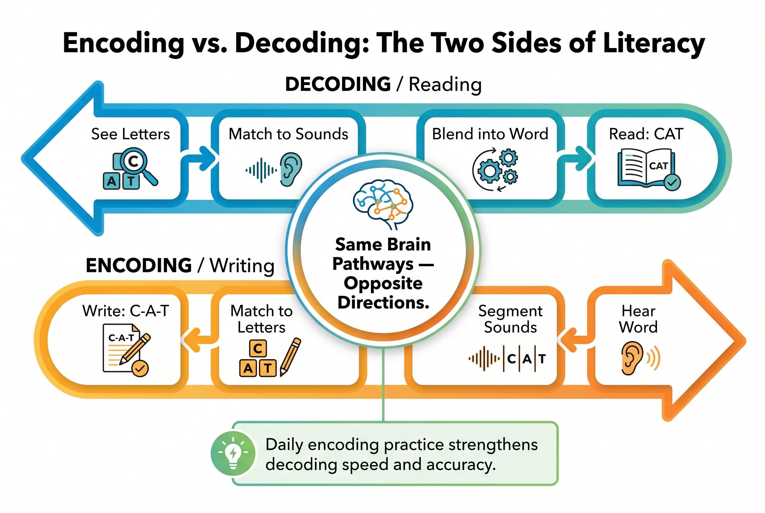 A clean, modern infographic showing the 'Encoding vs. Decoding' concept as two parallel arrows running in opposite directions