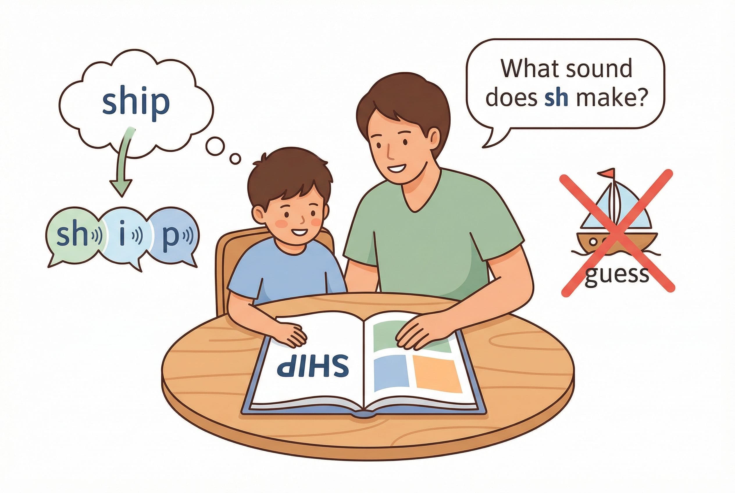 A friendly, clean editorial illustration showing a guided reading scene from above, depicted as a simple visual diagram. An i
