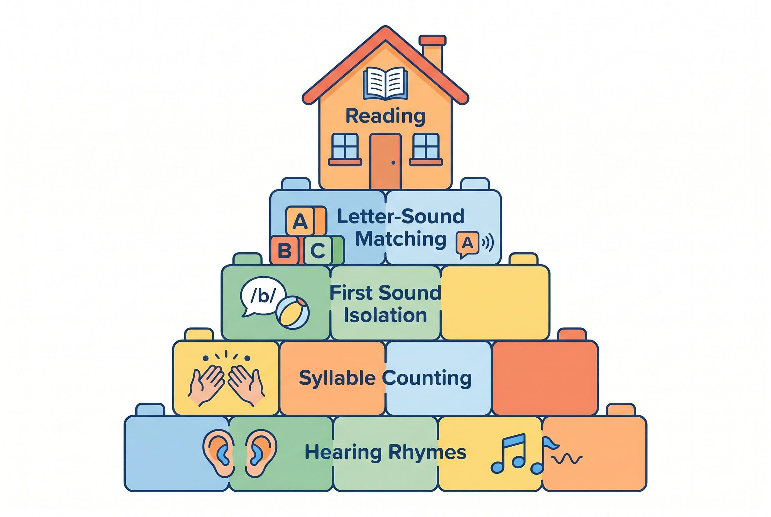 A friendly, clean editorial illustration showing the concept of phonological awareness as building blocks beneath a house. Th