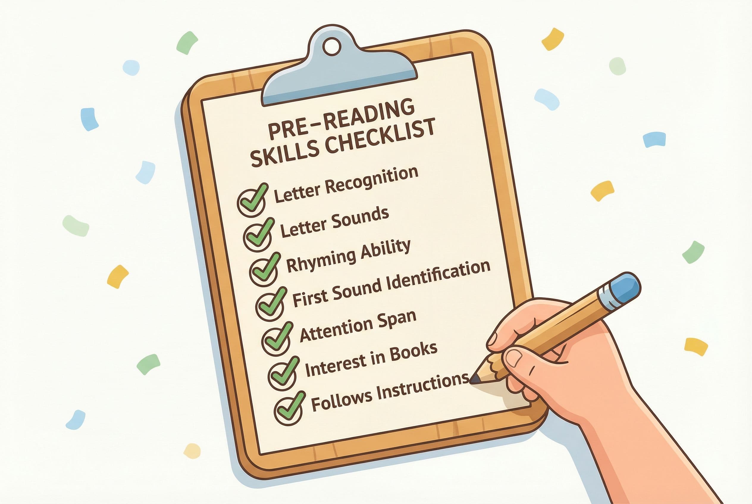 A clean, friendly editorial illustration showing a pre-reading skills checklist on a stylized clipboard. Seven checklist item