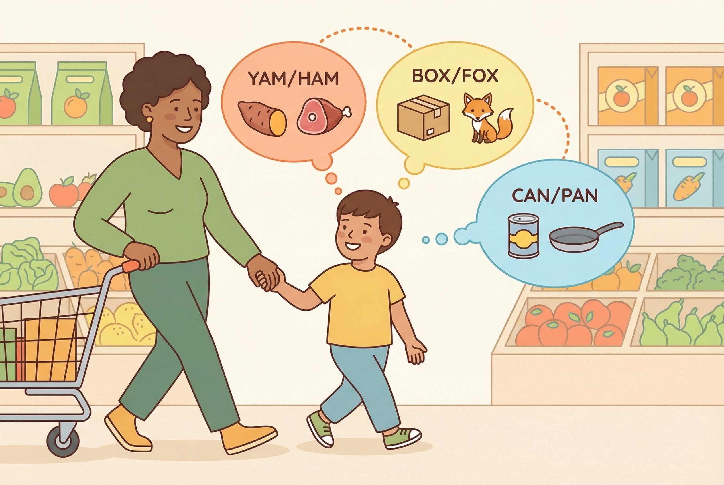 A friendly editorial illustration showing a parent and child walking through a grocery store aisle, with colorful thought bub